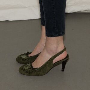 Y2k green sequin slingbacks heels size 8.5 faux leather anne michelle